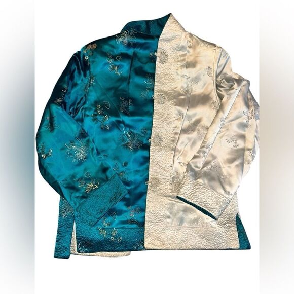Vtg Solz Squirrel Aqua Blue Floral Reversible Kimono Embroidered Jacket Sz Small - Picture 2 of 6